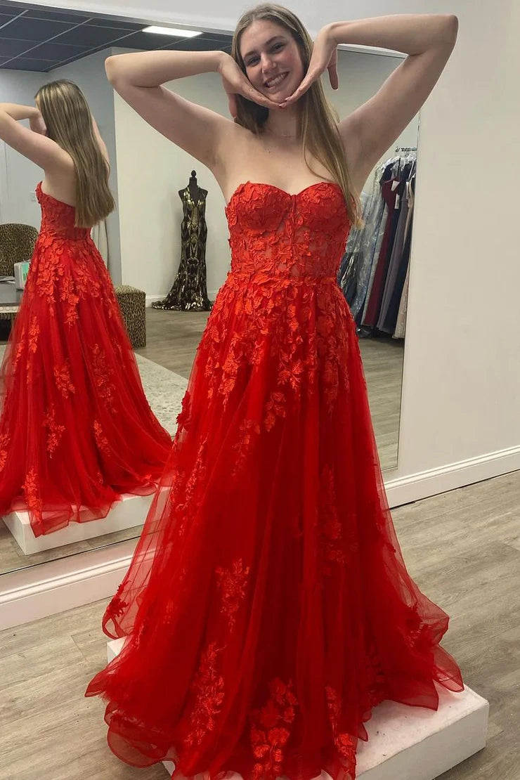 Red Sweetheart Strapless Lace Appliques Party Prom Dress