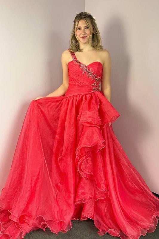 Red Tulle A-Line One Shoulder Beaded Prom Party Dress