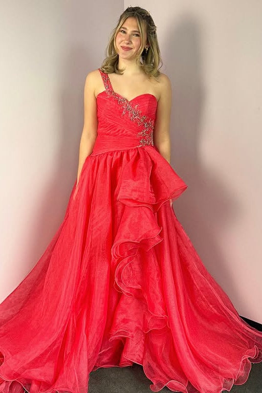 Red Tulle A-Line One Shoulder Beaded Prom Party Dress