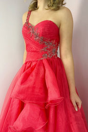 Red Tulle A-Line One Shoulder Beaded Prom Party Dress