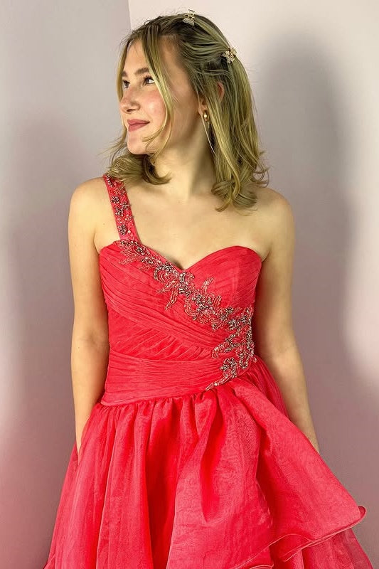 Red Tulle A-Line One Shoulder Beaded Prom Party Dress