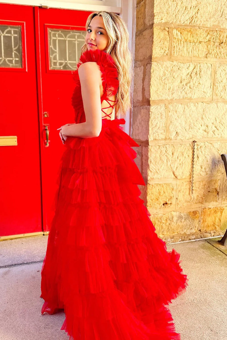 Red Tulle A-Line Tiered Prom Dress With Slit