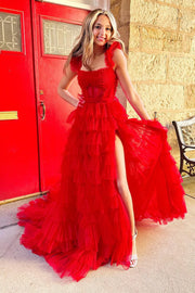 Red Tulle A-Line Tiered Prom Dress With Slit