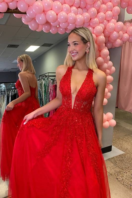 Red V-Neck Halter A-Line Appliques Party Prom Dress