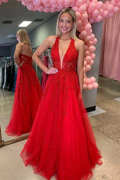Red V-Neck Halter A-Line Appliques Party Prom Dress