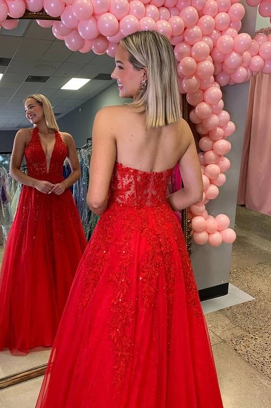 Red V-Neck Halter A-Line Appliques Party Prom Dress