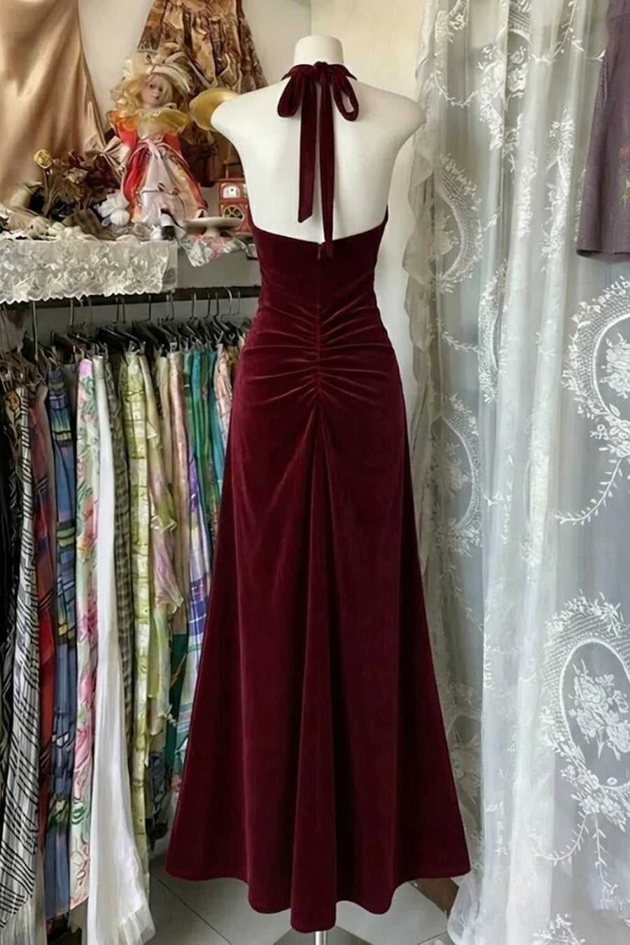 Red V-Neck Halter Backless Ruched A-Line Velvet Party Prom Dress