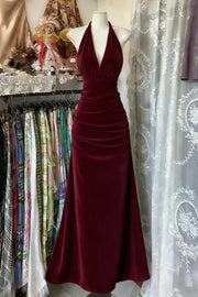 Red V-Neck Halter Backless Ruched A-Line Velvet Party Prom Dress