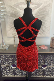 Red V-Neck Sleeveless Bodycon Sequins Homecoming Dress