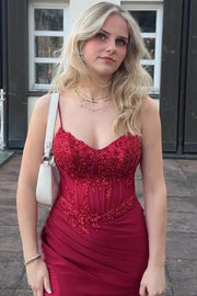 Red V-Neck Sleeveless Lace And Satin Mermaid Split Party Prom Dress