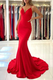 Red V-Neck Sleeveless Mermaid Long Party Prom Dress