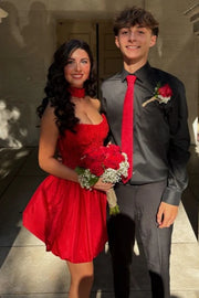 Lace Top Satin A-Line Strapless Empire Lace-Up Homecoming Dress