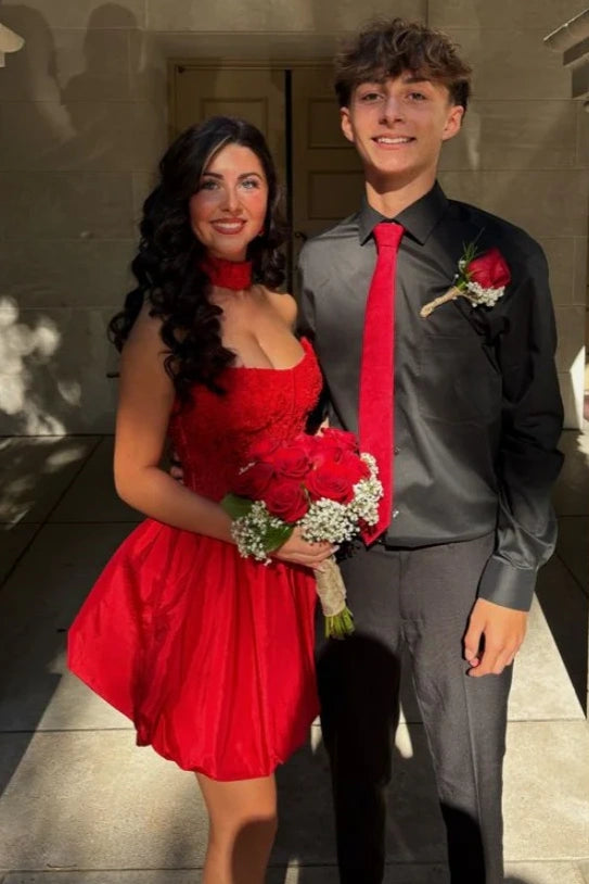 Lace Top Satin A-Line Strapless Empire Lace-Up Homecoming Dress