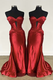 Red Strapless Twisted Knot Satin Mermaid Prom Dress with Slit Full Shot