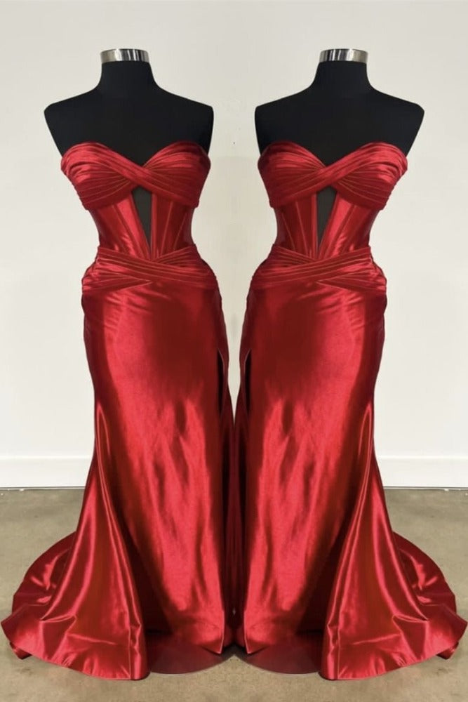 Red Strapless Twisted Knot Satin Mermaid Prom Dress with Slit Full Shot