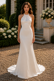 Round Backless Mermaid Satin Empire Summer Wedding Dress