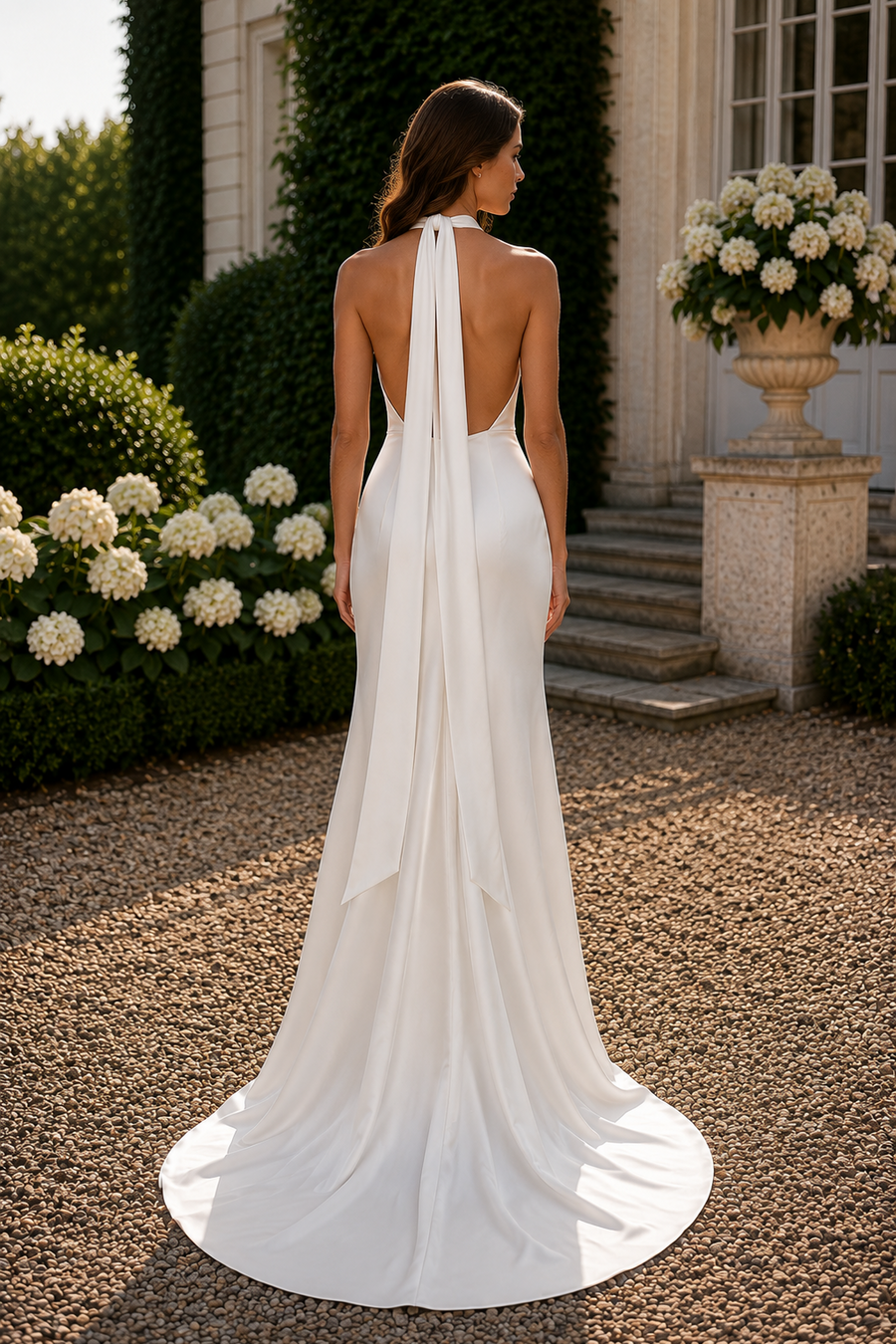 Round Backless Mermaid Satin Empire Summer Wedding Dress