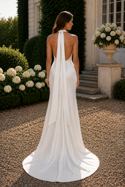 Round Backless Mermaid Satin Empire Summer Wedding Dress