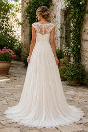 Round Cap Sleeveless Lace Top Chiffon A-Line Summer Wedding Dress