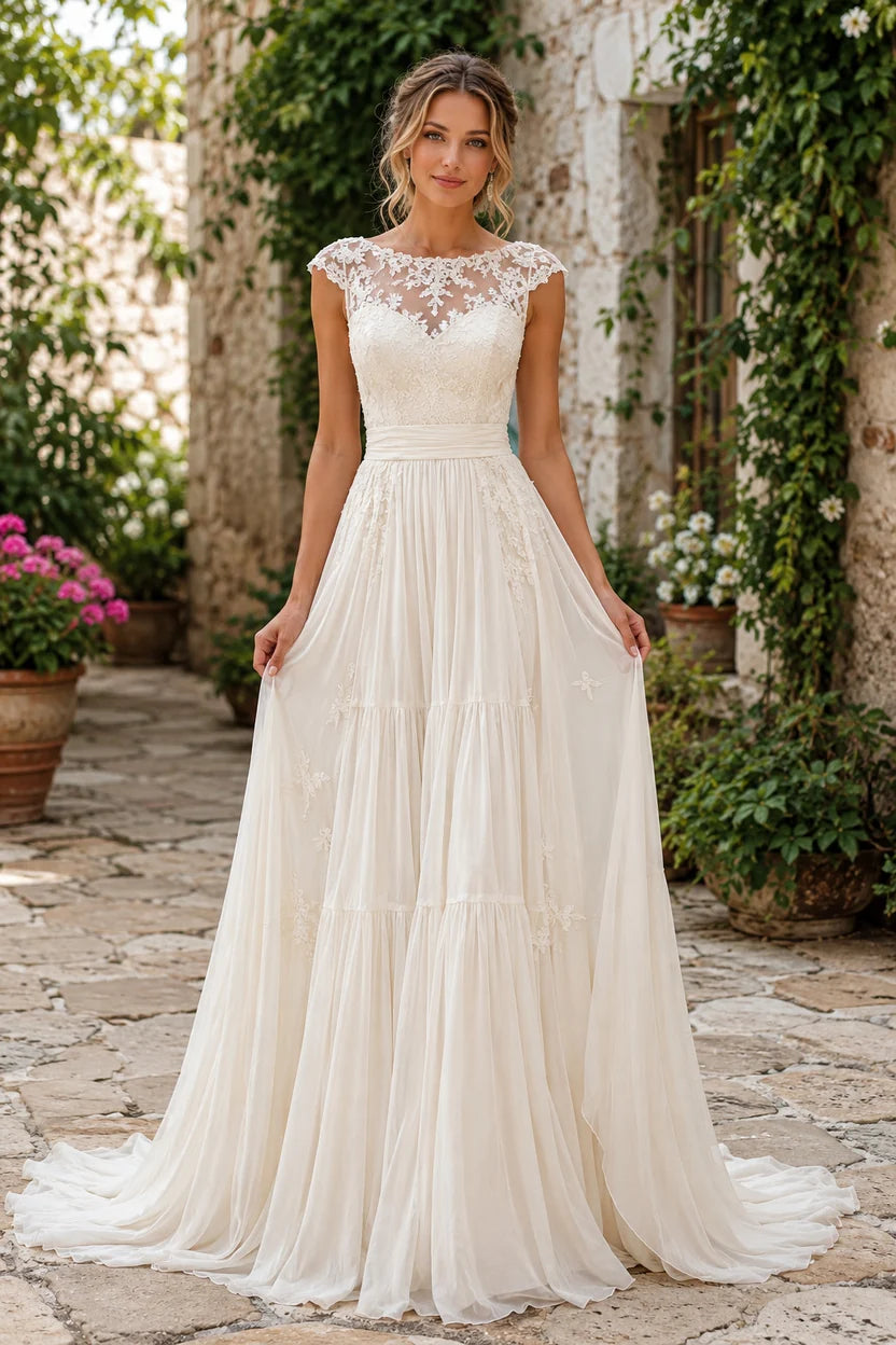 RoundCapSleevelessLaceTopChiffonA LineSummerWeddingDress 2