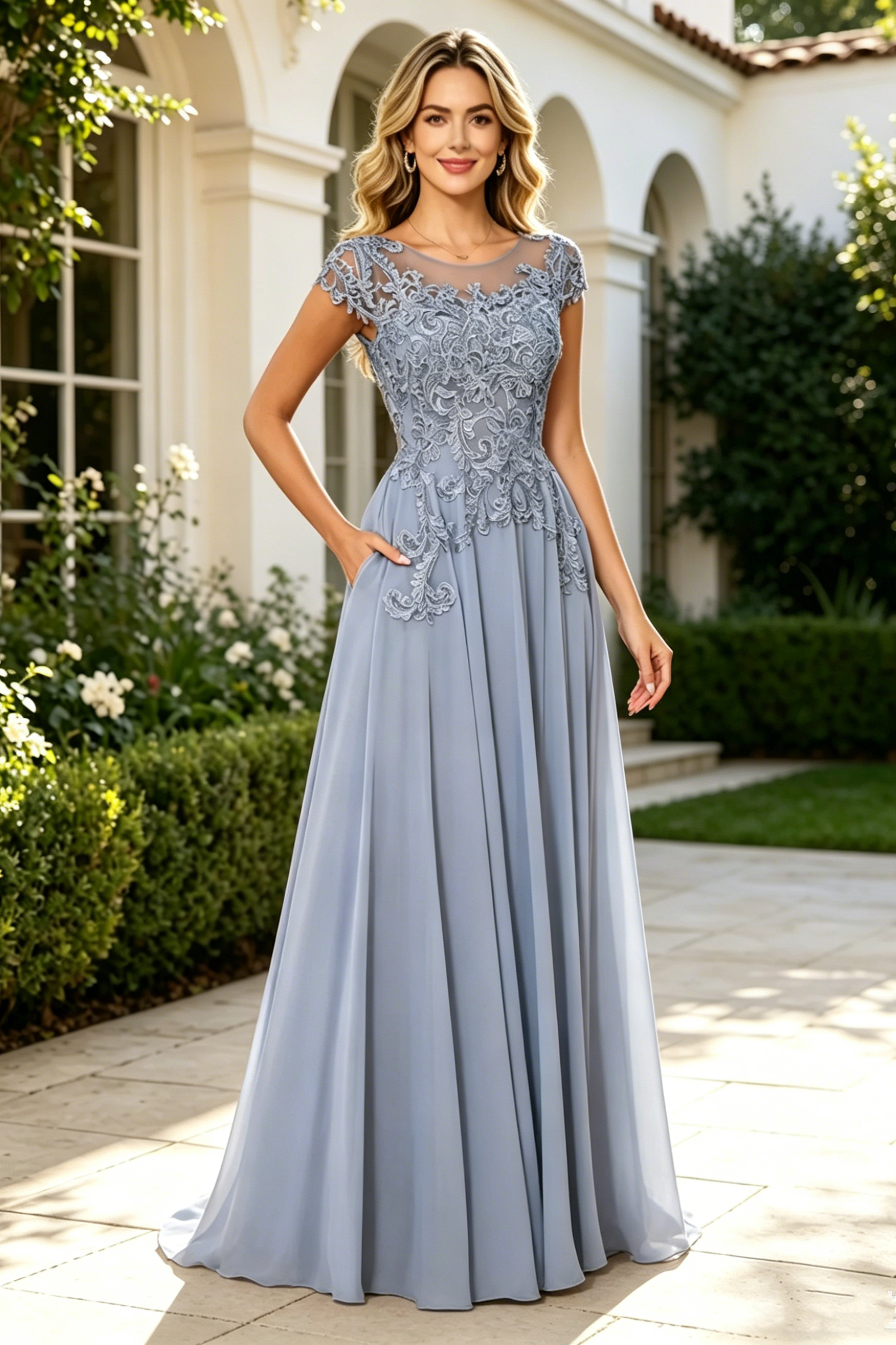 Round Cap Sleeves Lace And Chiffon Floor-Length Mother Of The Bride Dress