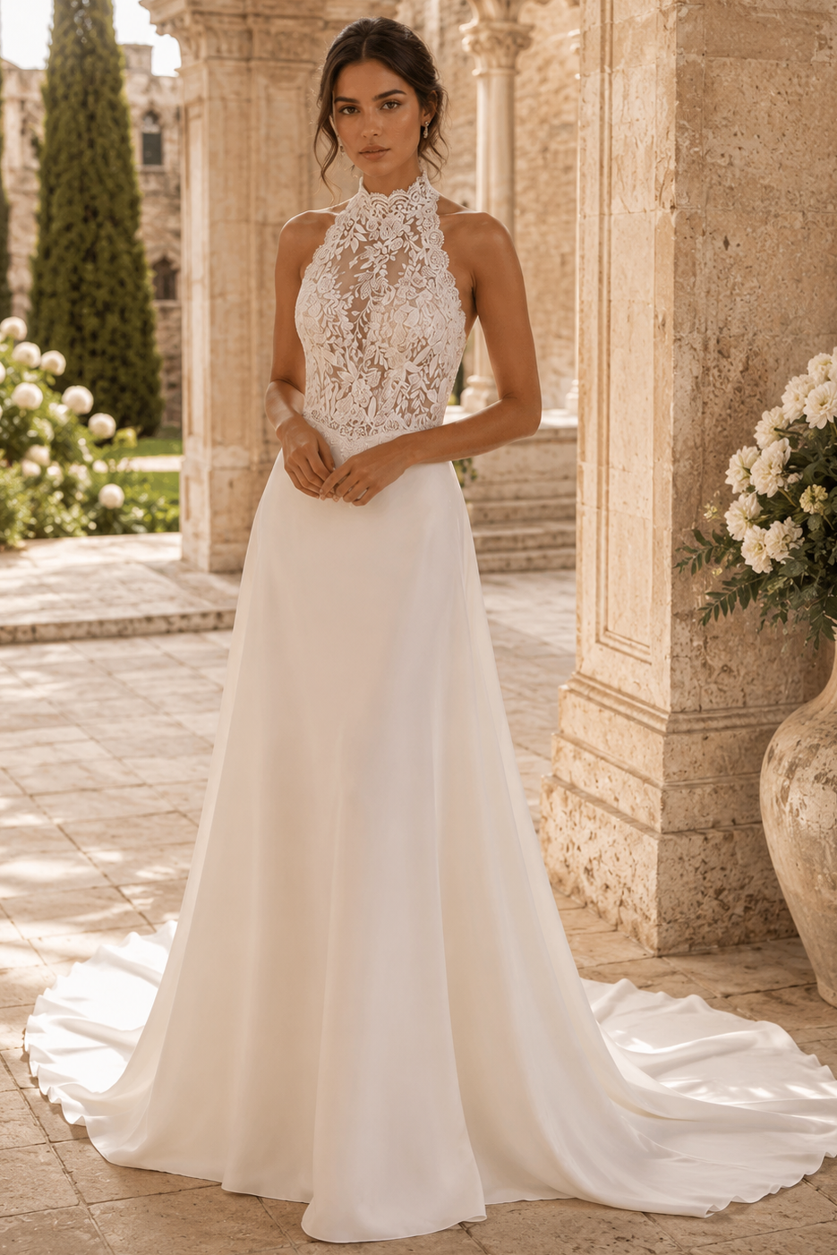 Round Halter Backless Lace And Satin A-Line Summer Wedding Dress