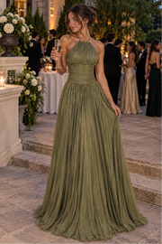 Round Halter Backless Pleated A-Line Long Cocktail Party Dress