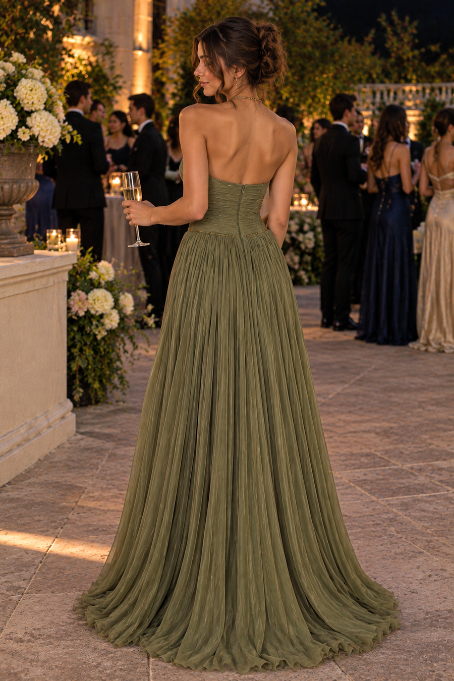 Round Halter Backless Pleated A-Line Long Cocktail Party Dress