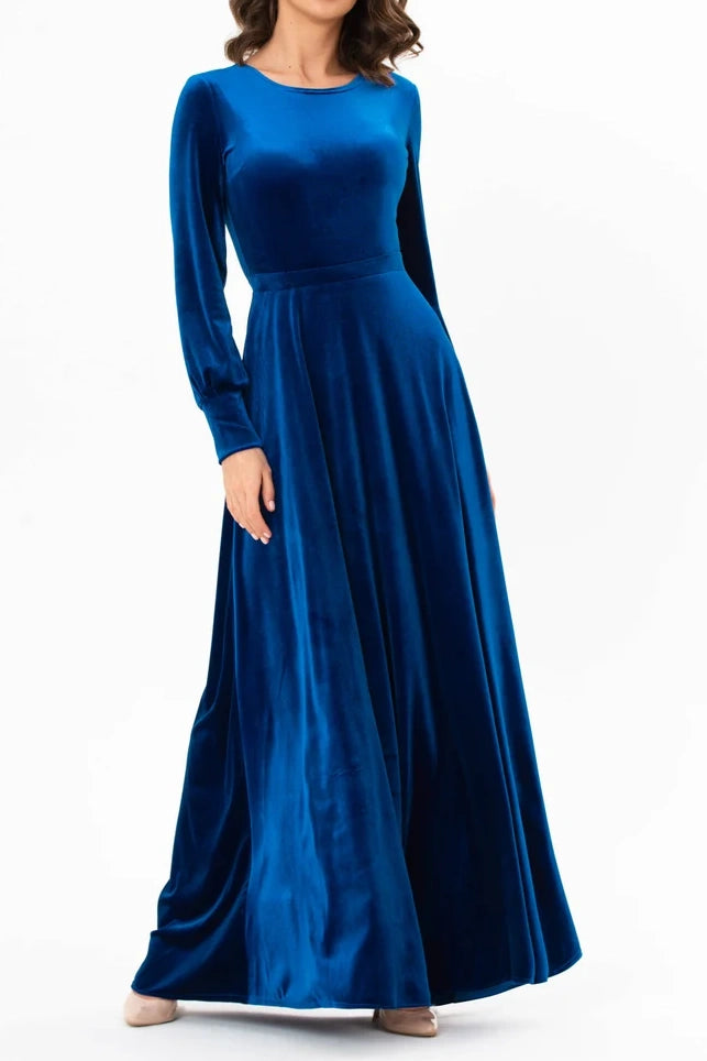 Round Long Sleeves A-Line Velvet Dress