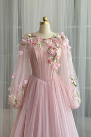 Round Long Sleeves Tulle A-Line Empire Floral Party Prom Dress