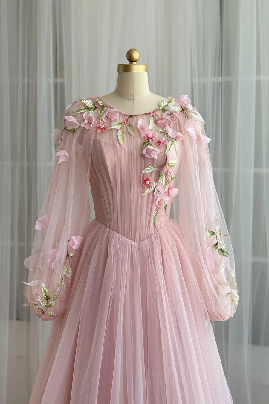 Round Long Sleeves Tulle A-Line Empire Floral Party Prom Dress