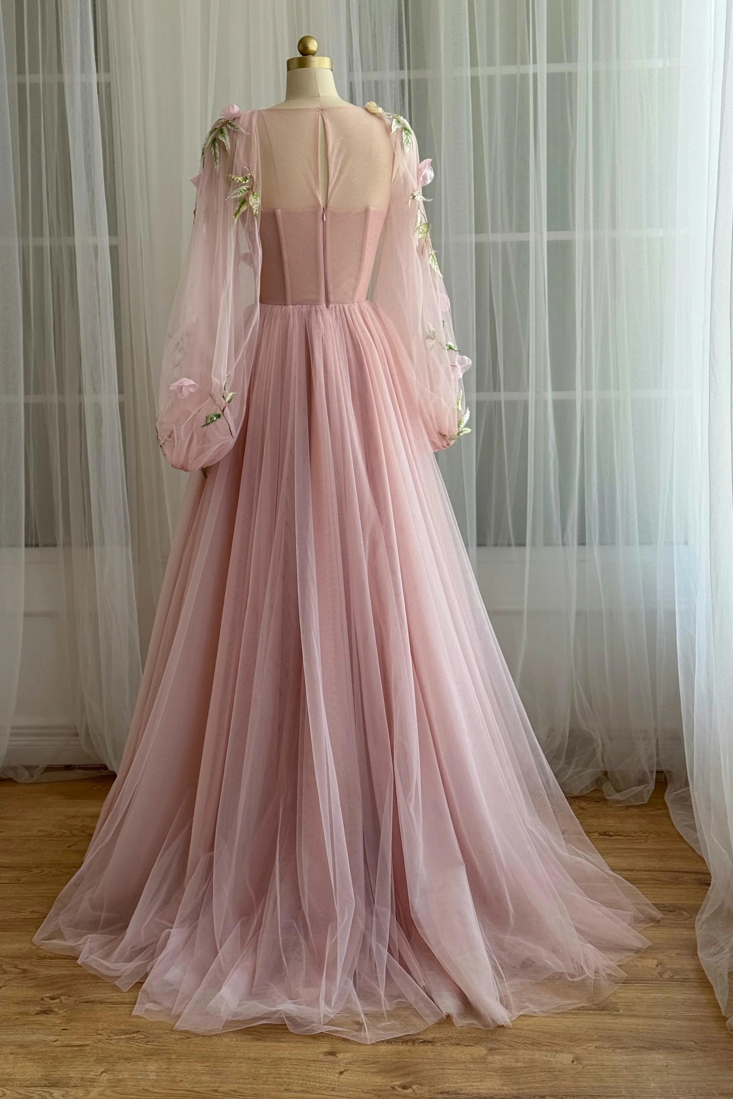 Round Long Sleeves Tulle A-Line Empire Floral Party Prom Dress