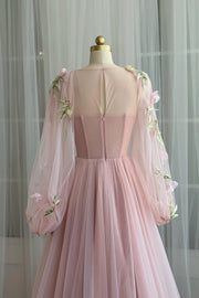 Round Long Sleeves Tulle A-Line Empire Floral Party Prom Dress