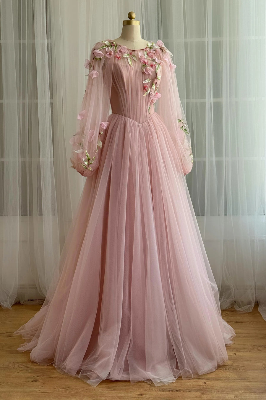 Round Long Sleeves Tulle A-Line Empire Floral Party Prom Dress