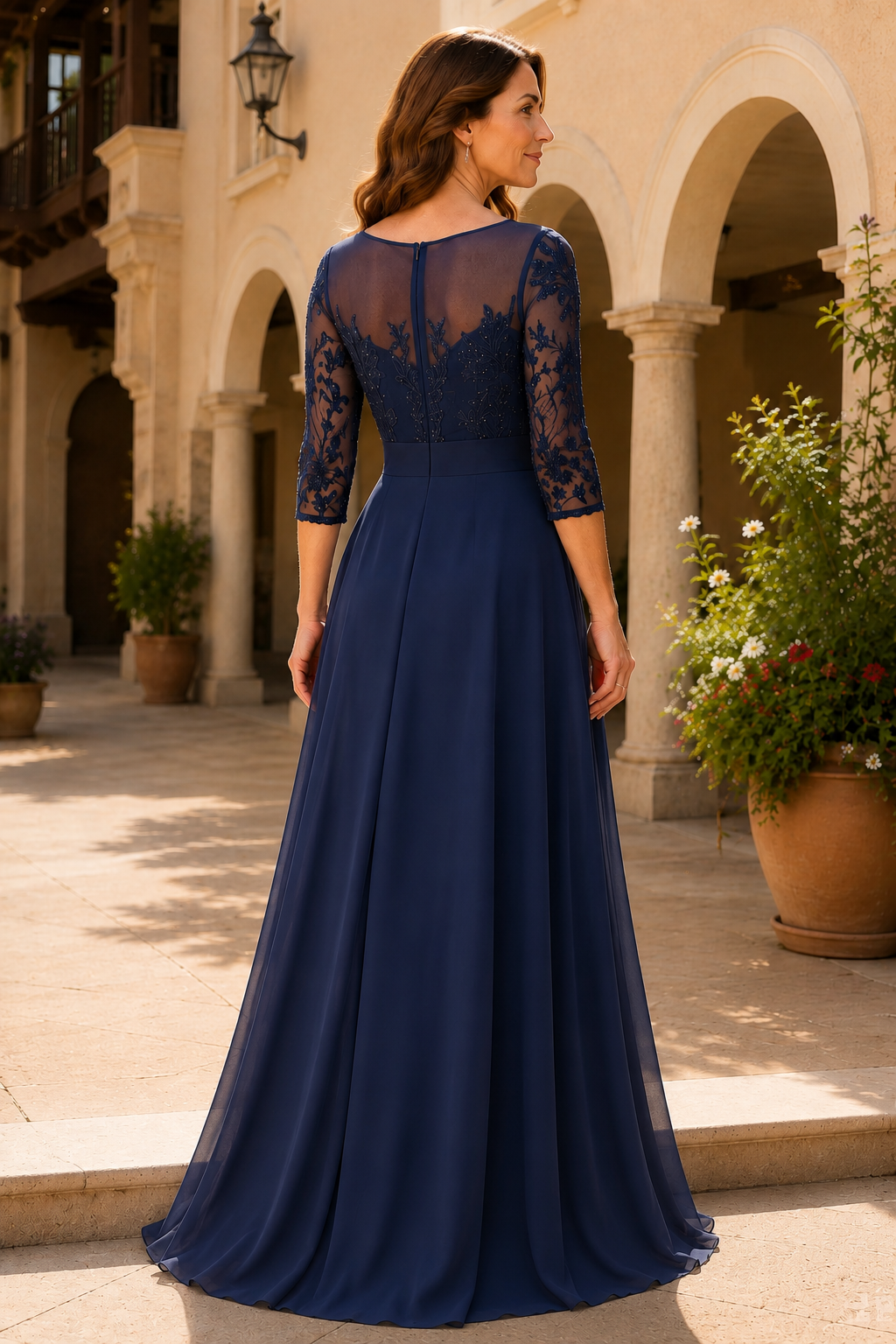 Round Quarter Sleeves A-Line Mother Of The Bride Dress