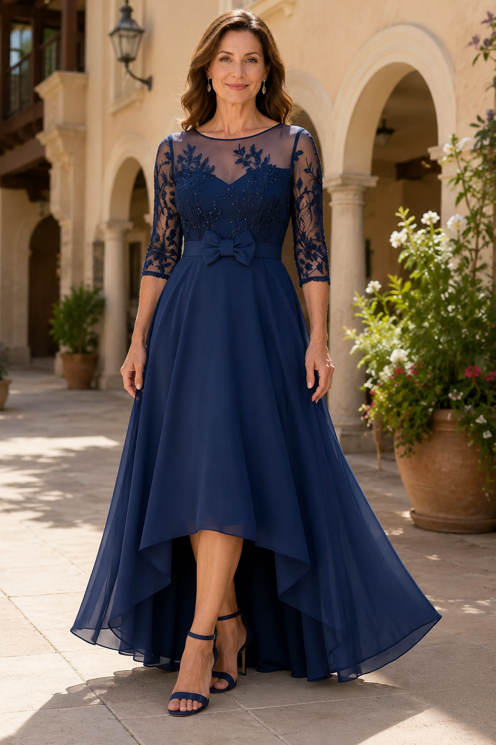 Round Quarter Sleeves A-Line Mother Of The Bride Dress