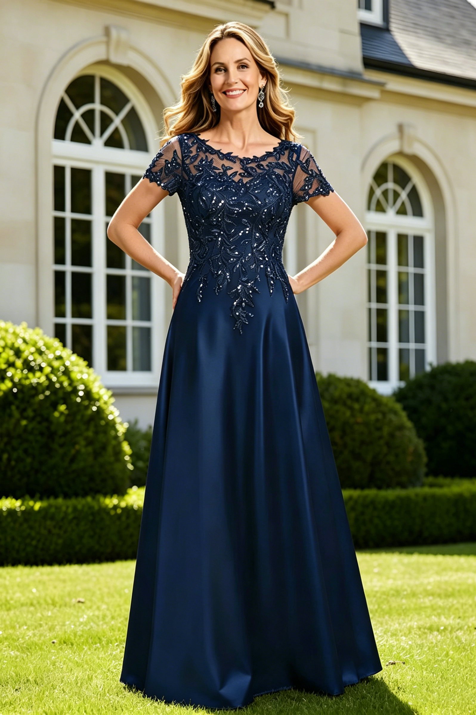 Round Short Sleeves A-Line Lace Appliques Satin Mother Of The Bride Dress
