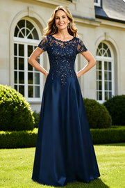 Round Short Sleeves A-Line Lace Appliques Satin Mother Of The Bride Dress