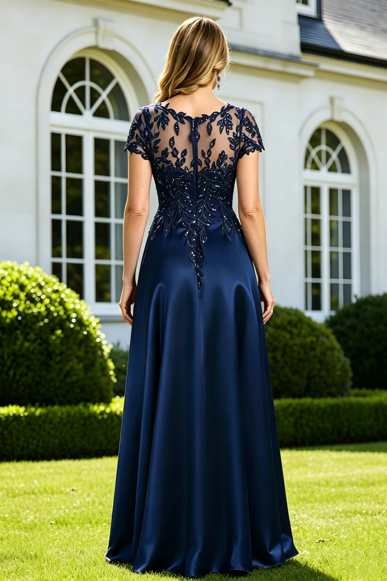 Round Short Sleeves A-Line Lace Appliques Satin Mother Of The Bride Dress