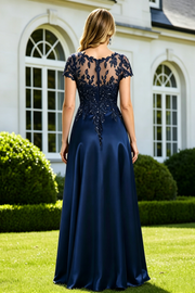 Round Short Sleeves A-Line Lace Appliques Satin Mother Of The Bride Dress