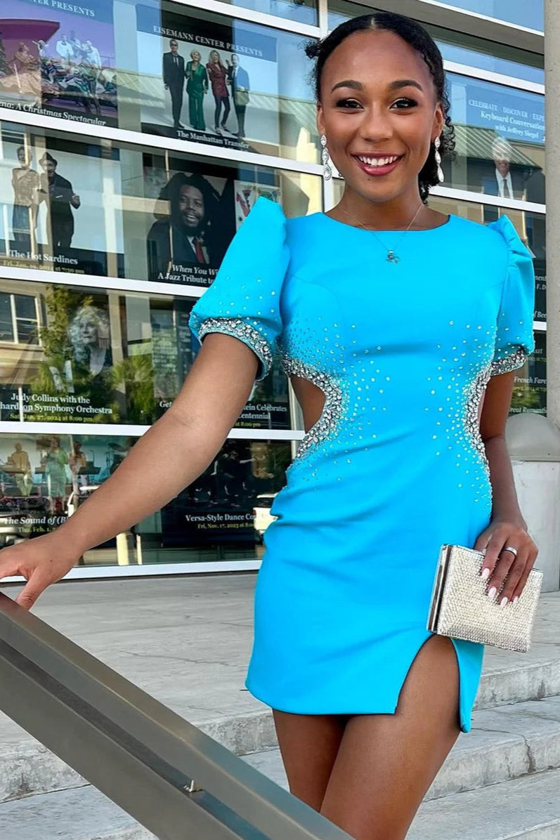 Round Short Sleeves Empire Beaded Satin Fitted Homecoming Dress Custom Color / US 4 Round Short Sleeves Empire Beaded Satin Fitted Homecoming Dress Custom Color / US 4
