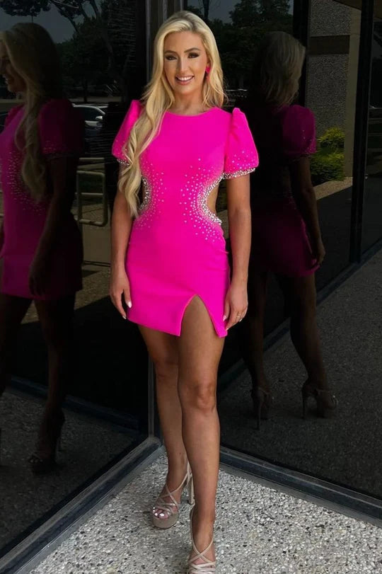 short fitted homecoming dresses Round Short Sleeves Empire Beaded Satin Fitted Homecoming Dress Hot Pink / US 12