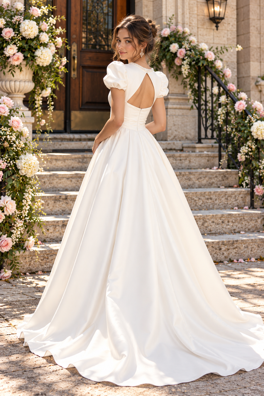 Round Short Sleeves Satin A-Line Empire Split Party Prom Dress