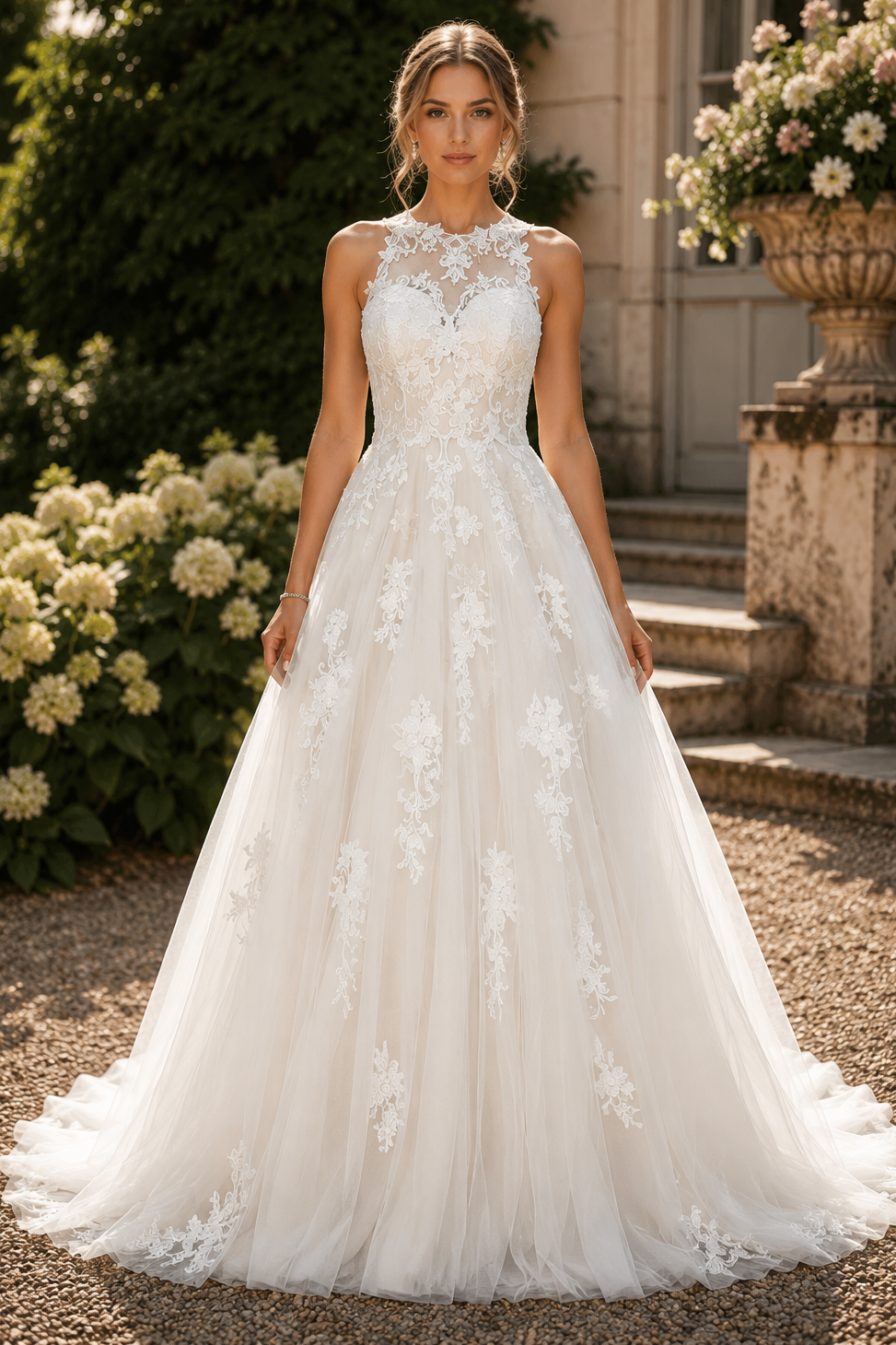 Round Sleeveless A-Line Empire Lace Appliques Tulle Wedding Dress