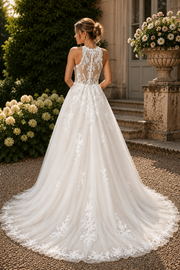 Round Sleeveless A-Line Empire Lace Appliques Tulle Wedding Dress