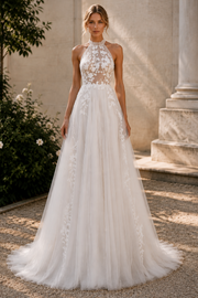Round Sleeveless A-Line Lace And Tulle Sheer Top Summer Wedding Dress
