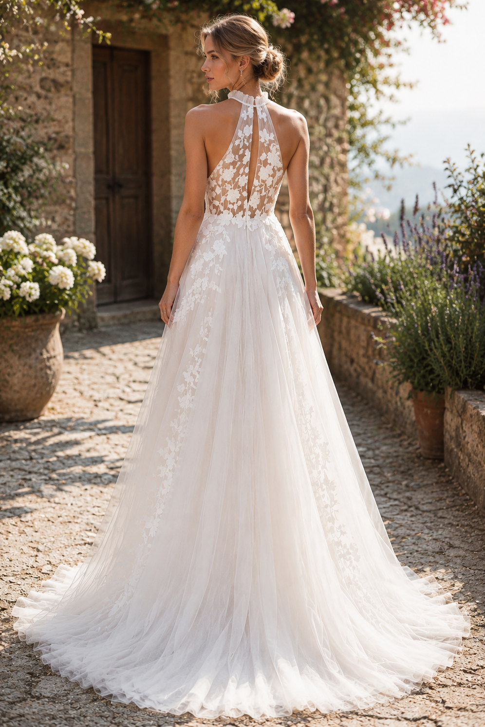 Round Sleeveless A-Line Lace And Tulle Sheer Top Summer Wedding Dress