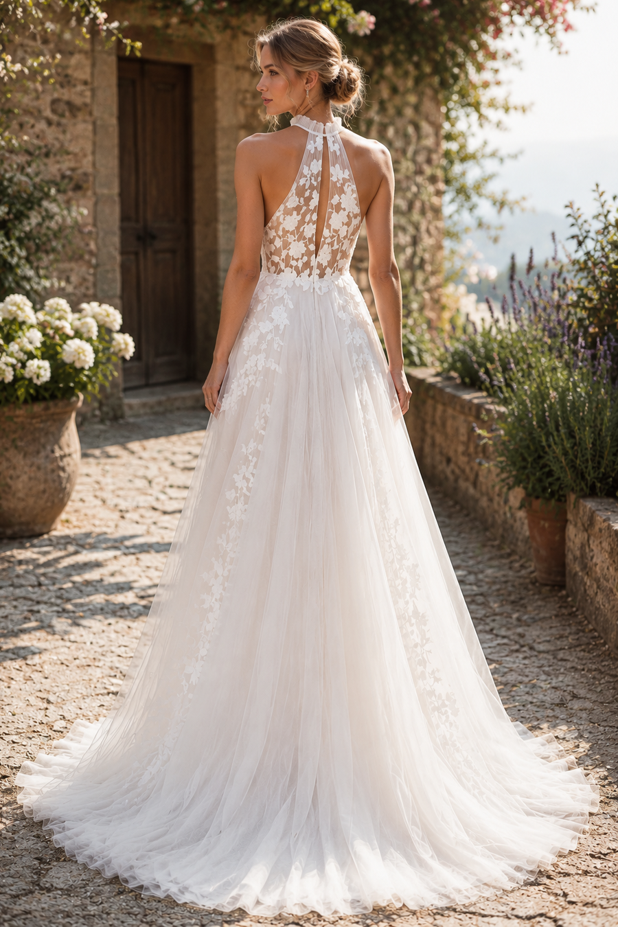 Round Sleeveless A-Line Lace And Tulle Sheer Top Summer Wedding Dress
