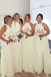 Round Sleeveless Chiffon A-Line Bridesmaid Dress With Leg Slit