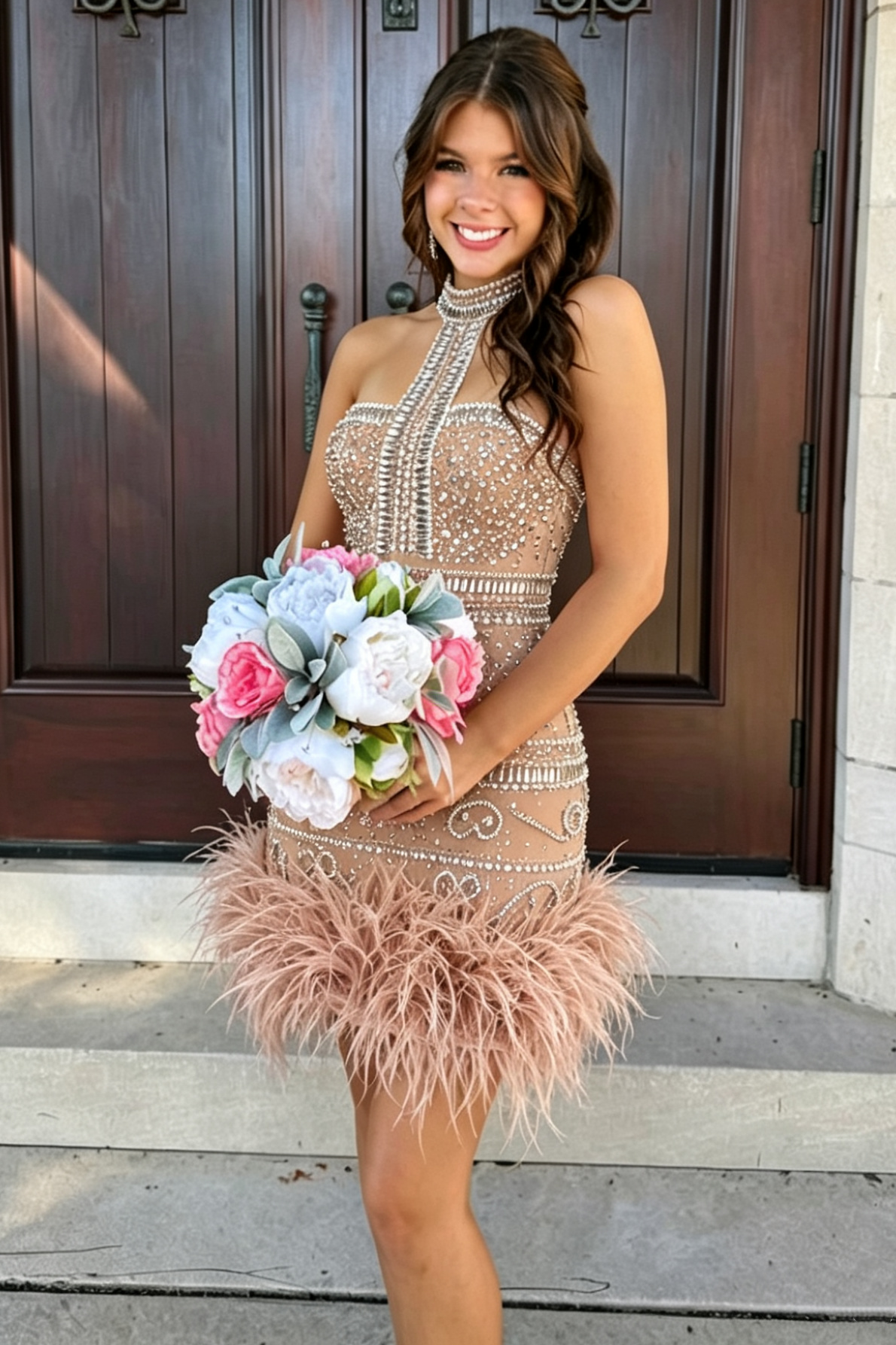 Round Sleeveless Fitted Beaded Homecoming Dress With Feathers